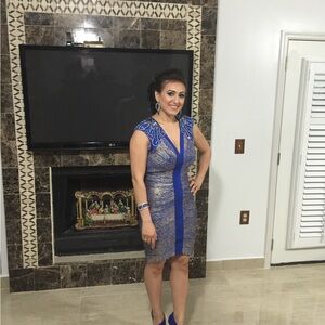 Lucci Lu Royal Blue & Gold Open Back Beaded Dress – Size 8 (Like New)